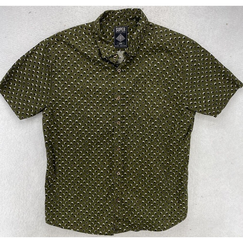 Super Massive Men's Large Olive Green Geometric Polka Dot Short Sleeve Button Up